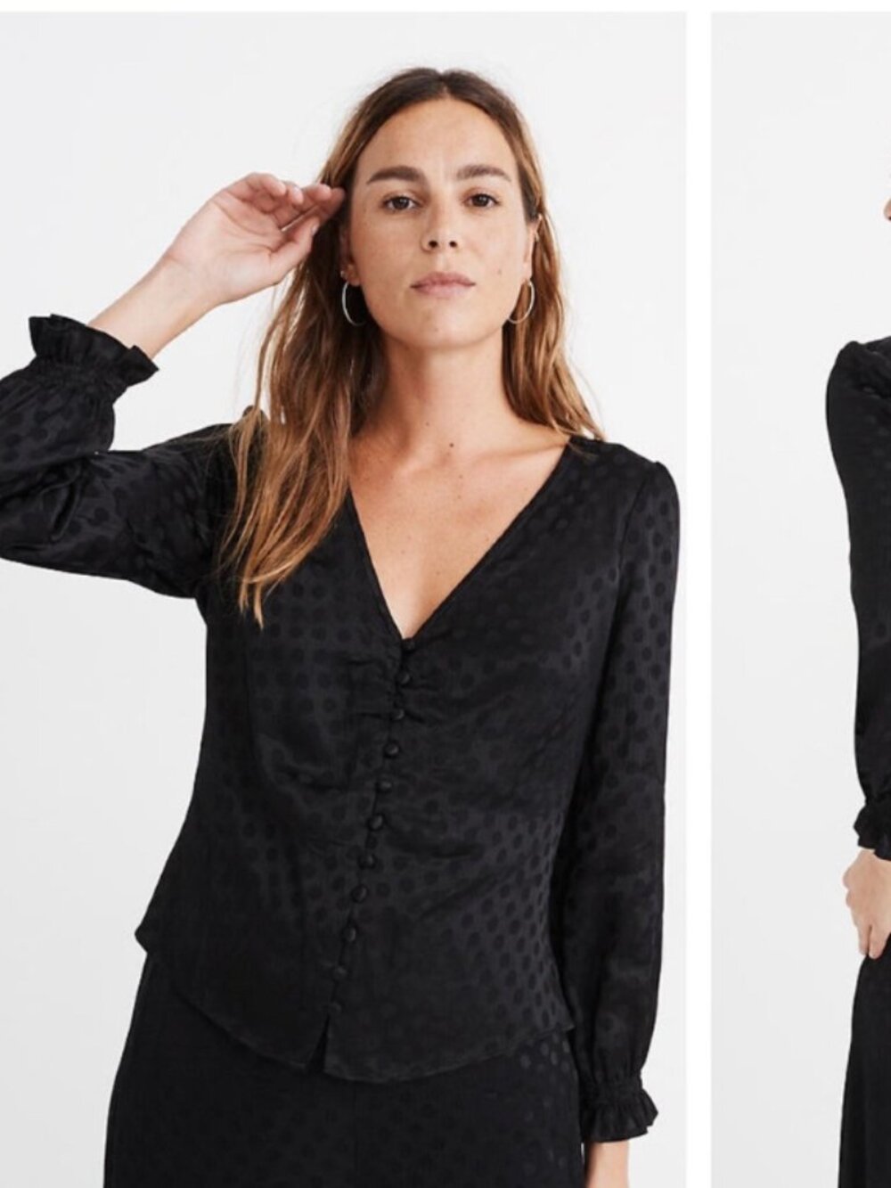 Madewell Smocked-sleeve Daylight Top Woven Dot Black Satin